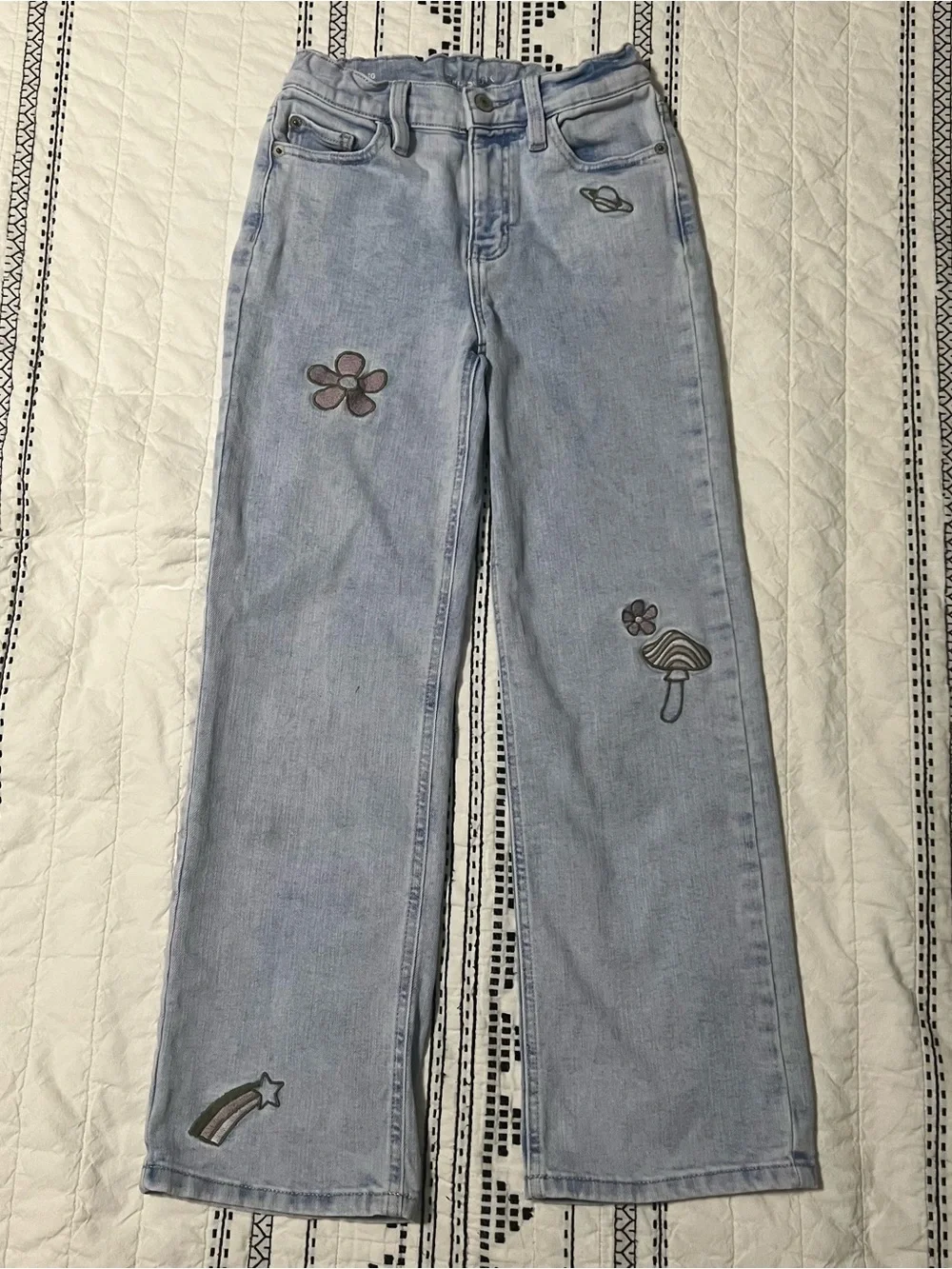 Light Wash High Rise Wide Leg Kids Jeans with Embroidered Patches